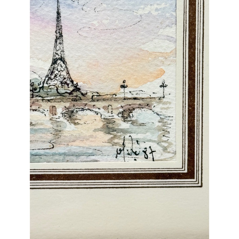 Vintage 1987 miniature Paris Eiffel Tower Original Watercolor Framed Painting - Picture 3 of 5